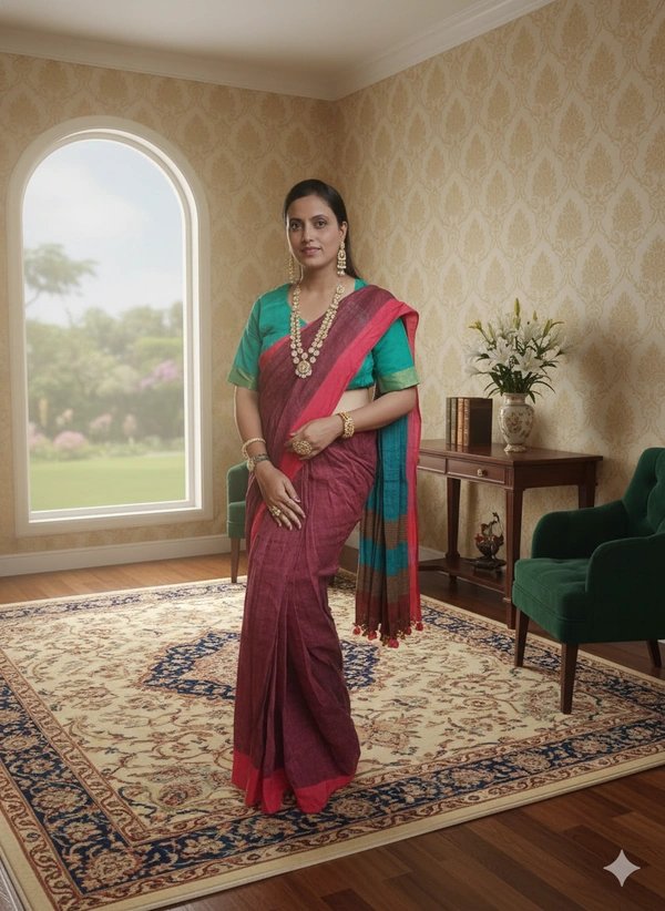 SKU-1108 : Pure Linen Ready-To-Wear Saree | With Designer Blouse - Soft Hand Wash