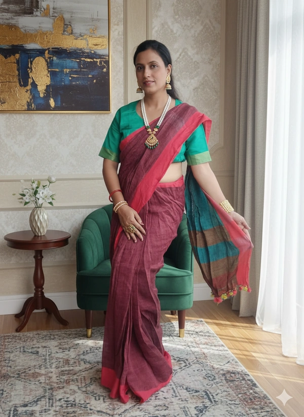 SKU-1108 : Pure Linen Ready-To-Wear Saree | With Designer Blouse - Soft Hand Wash