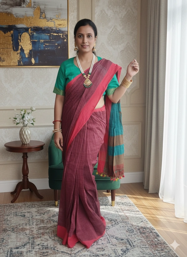SKU-1108 : Pure Linen Ready-To-Wear Saree | With Designer Blouse - Soft Hand Wash