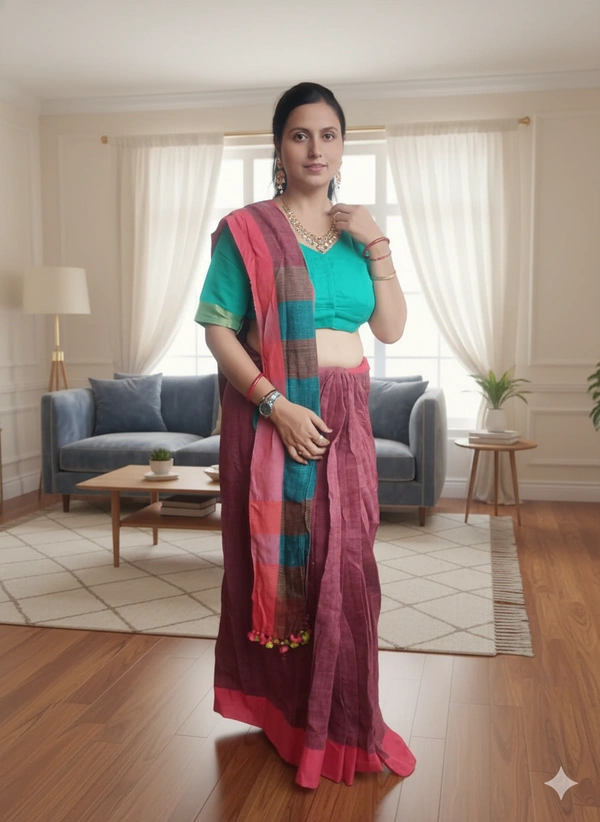 SKU-1108 : Pure Linen Ready-To-Wear Saree | With Designer Blouse - Soft Hand Wash