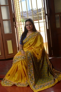 SKU0303 : Pure Silk Kantha Stitch Saree – Handcrafted Bengal Heritage | Gujrati Works - Yellow, Geometric, Dry Clean Only, Yes