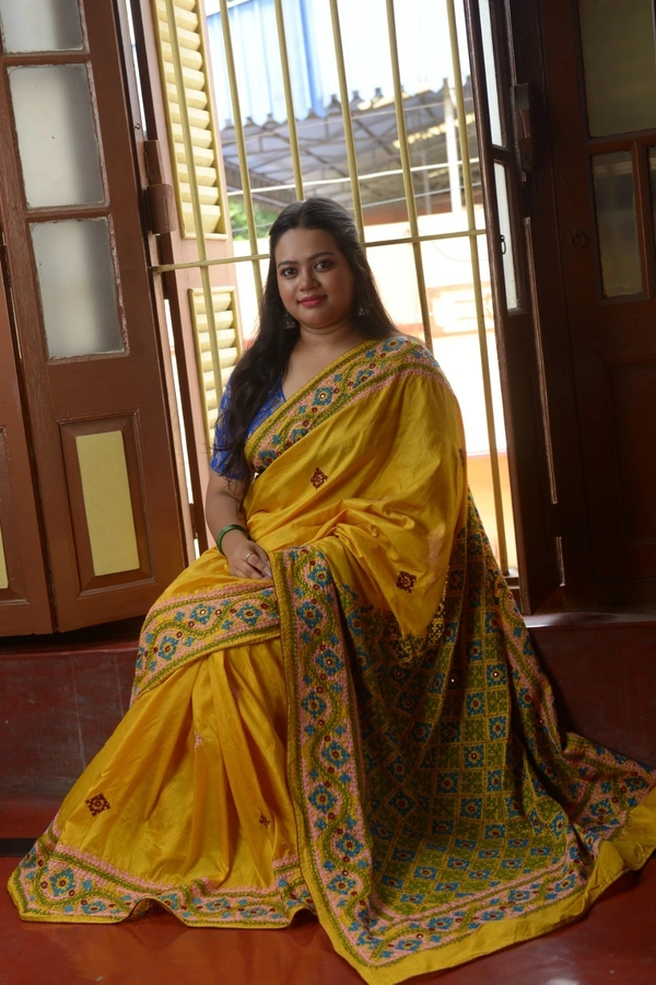 SKU0303 : Pure Silk Kantha Stitch Saree – Handcrafted Bengal Heritage | Gujrati Works - Yellow, Geometric, Dry Clean Only, Yes