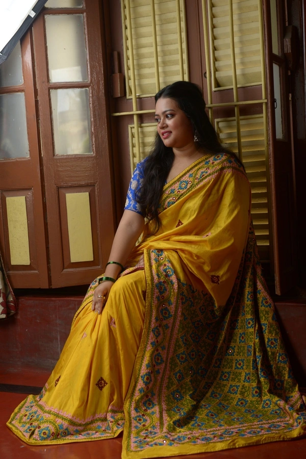 SKU0303 : Pure Silk Kantha Stitch Saree – Handcrafted Bengal Heritage | Gujrati Works - Yellow, Geometric, Dry Clean Only, Yes