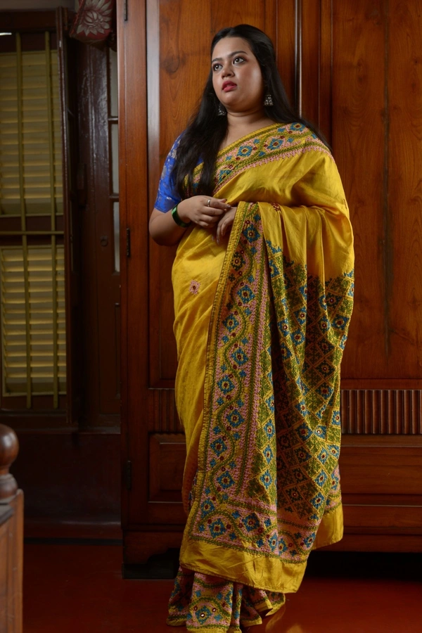 SKU0303 : Pure Silk Kantha Stitch Saree – Handcrafted Bengal Heritage | Gujrati Works - Yellow, Geometric, Dry Clean Only, Yes