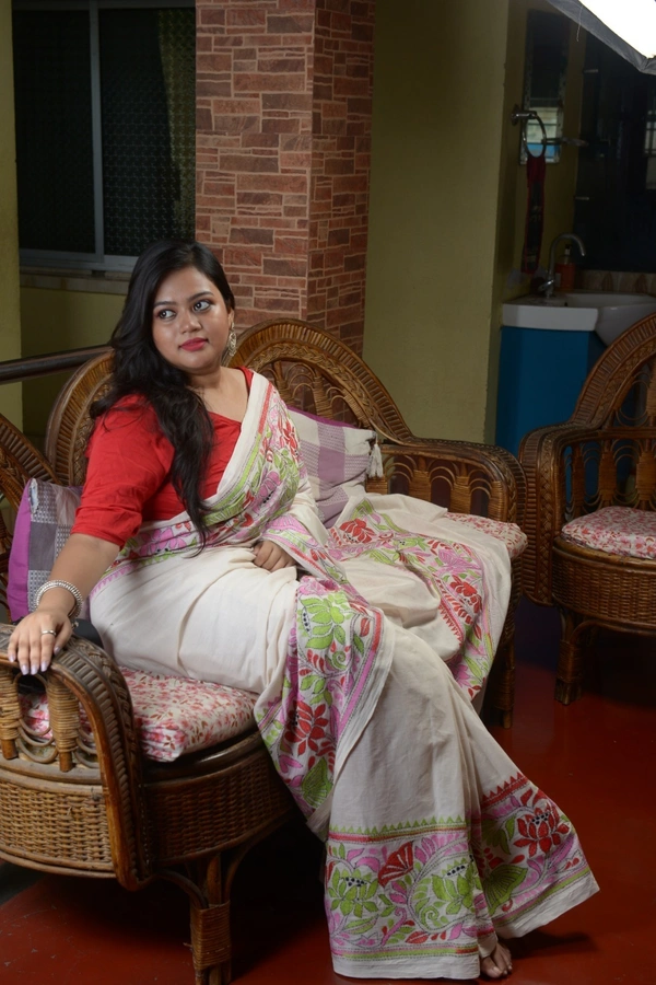 SKU0304 : Elegant Tussar Cotton Kantha Stitch Saree – Handcrafted Heritage Weave - White, Floral, Dry Clean Only, Yes