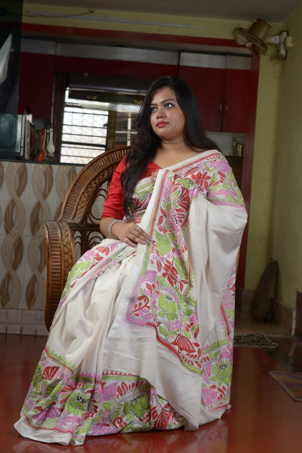 SKU0304 : Elegant Tussar Cotton Kantha Stitch Saree – Handcrafted Heritage Weave - White, Floral, Dry Clean Only, Yes