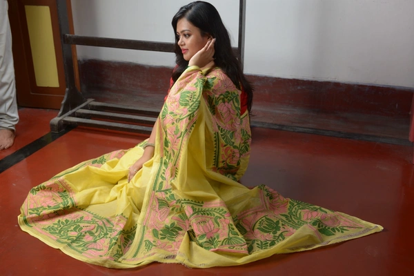 SKU305 : Elegant Tussar Cotton Kantha Stitch Saree – Handcrafted Heritage Weave - Golden, Floral, Dry Clean Only, Yes