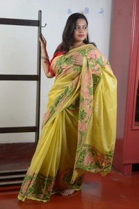 SKU305 : Elegant Tussar Cotton Kantha Stitch Saree – Handcrafted Heritage Weave - Golden, Floral, Dry Clean Only, Yes