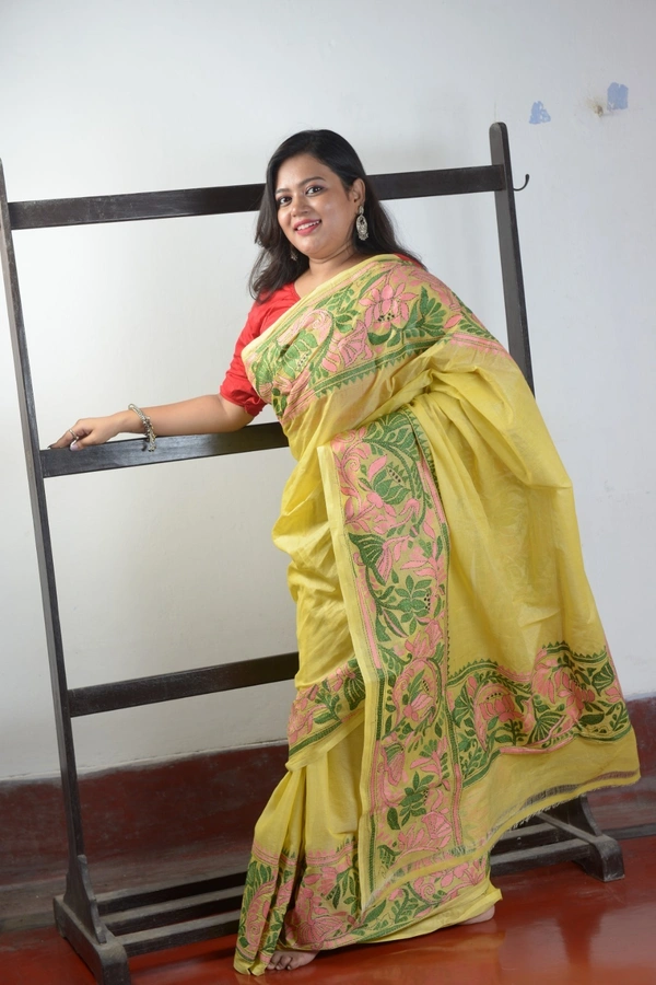 SKU305 : Elegant Tussar Cotton Kantha Stitch Saree – Handcrafted Heritage Weave - Golden, Floral, Dry Clean Only, Yes