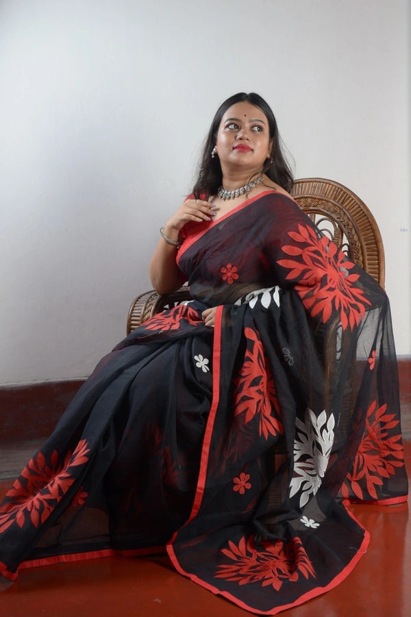 SKU307 : Pure Cotton Saree – Handwoven, Lightweight & Breathable Fabric - Black, Applic Work, Dry Clean Only, Yes