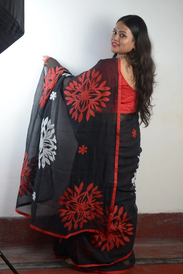 SKU307 : Pure Cotton Saree – Handwoven, Lightweight & Breathable Fabric - Black, Applic Work, Dry Clean Only, Yes