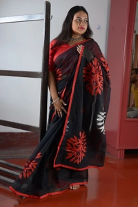 SKU307 : Pure Cotton Saree – Handwoven, Lightweight & Breathable Fabric - Black, Applic Work, Dry Clean Only, Yes