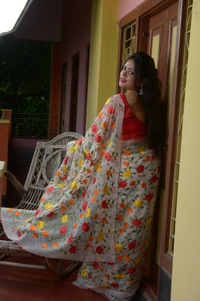 SKU0310 : Pure Silk Dhanekhali Saree – Handwoven Bengal Traditional | Parsi Stich - Floral, Dry Clean Only, Yes