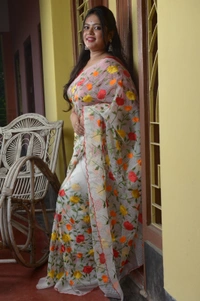 SKU0310 : Pure Silk Dhanekhali Saree – Handwoven Bengal Traditional | Parsi Stich - Floral, Dry Clean Only, Yes