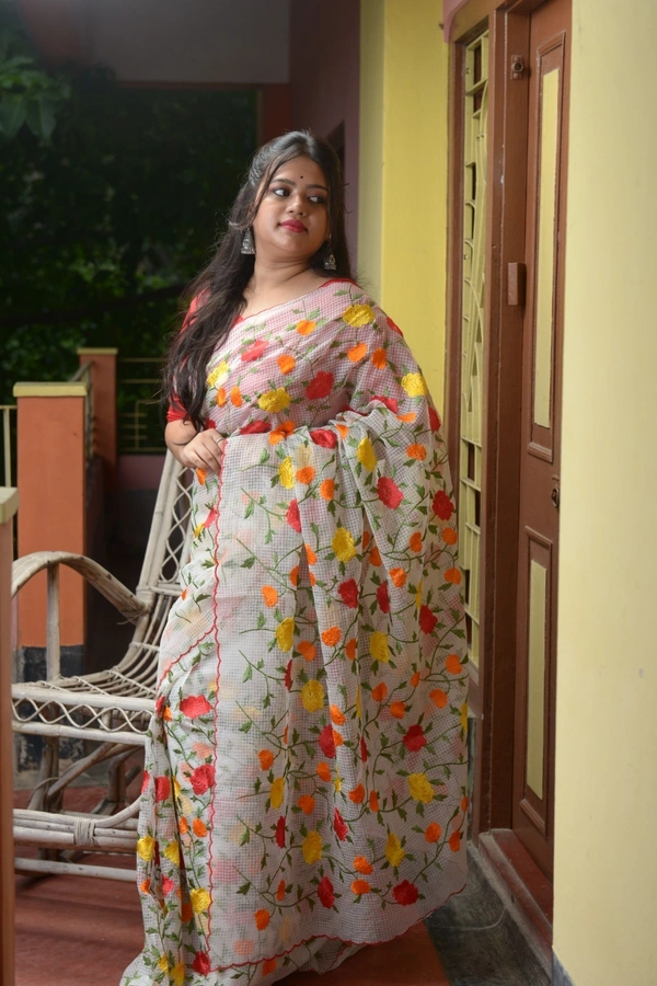 SKU0310 : Pure Silk Dhanekhali Saree – Handwoven Bengal Traditional | Parsi Stich - Floral, Dry Clean Only, Yes