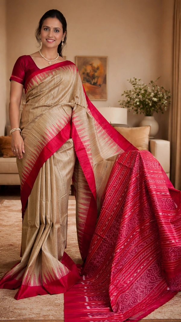 SKU1512 : Tussar Silk Saree with Traditional Gujarati Handwork