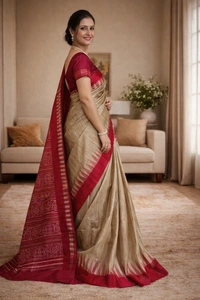 SKU1512 : Tussar Silk Saree with Traditional Gujarati Handwork