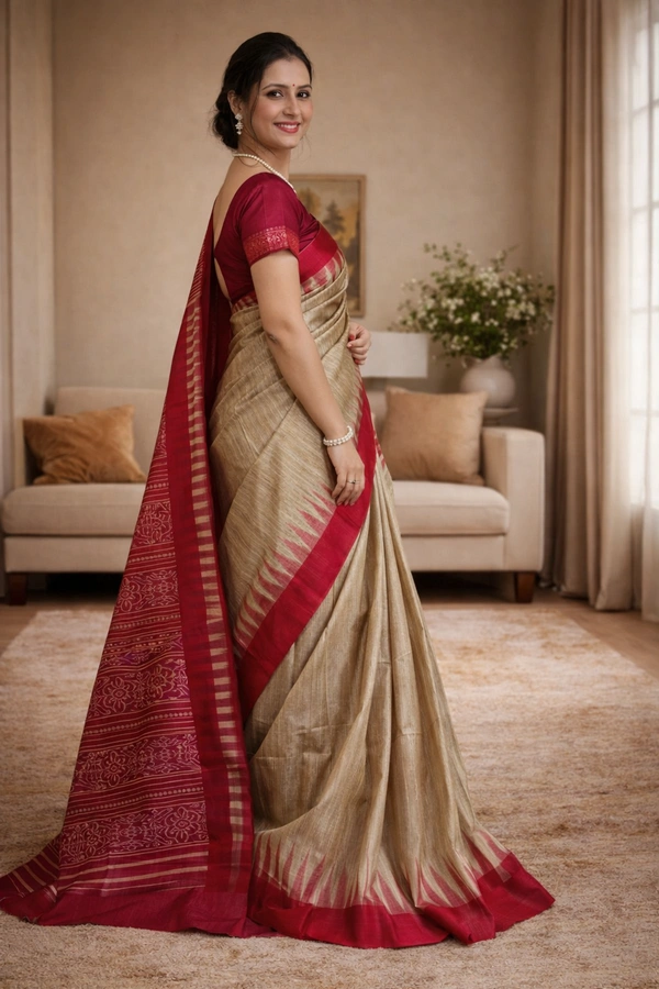 SKU1512 : Tussar Silk Saree with Traditional Gujarati Handwork