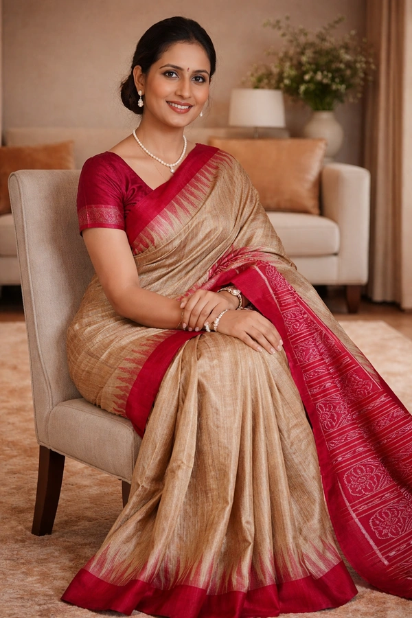 SKU1512 : Tussar Silk Saree with Traditional Gujarati Handwork