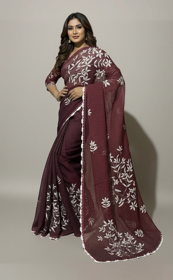 SKU1525 : Resham Check Kathiyawadi Saree with Crochet Border | Traditional Gujarati Handcrafted Ethnic Wear