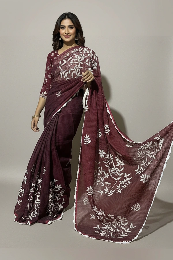 SKU1525 : Resham Check Kathiyawadi Saree with Crochet Border | Traditional Gujarati Handcrafted Ethnic Wear