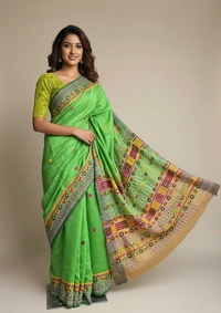 SKU1526 : Stepple Tussar Silk Saree with Lambani Handwork | Traditional Tribal Embroidered Festive Wear