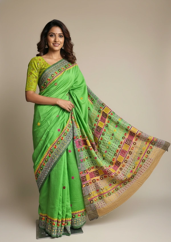 SKU1526 : Stepple Tussar Silk Saree with Lambani Handwork | Traditional Tribal Embroidered Festive Wear