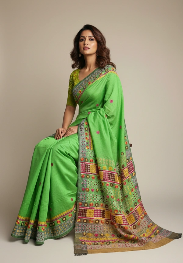 SKU1526 : Stepple Tussar Silk Saree with Lambani Handwork | Traditional Tribal Embroidered Festive Wear