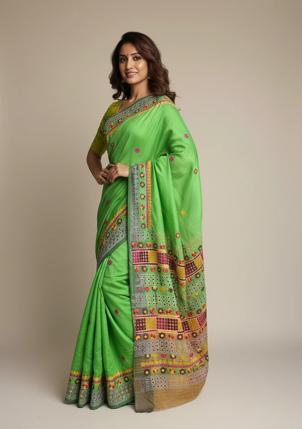 SKU1526 : Stepple Tussar Silk Saree with Lambani Handwork | Traditional Tribal Embroidered Festive Wear