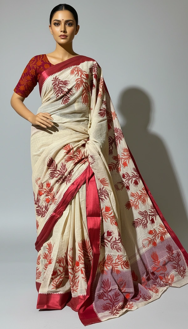 SKU1527 : Tant Saree with Kathiyawadi Hand Stitch Work & Velvet Border | Traditional Festive Ethnic Wear