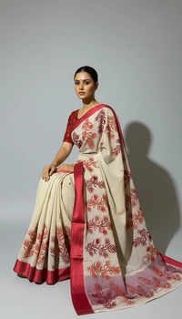 SKU1527 : Tant Saree with Kathiyawadi Hand Stitch Work & Velvet Border | Traditional Festive Ethnic Wear