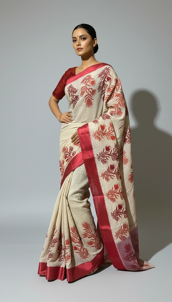 SKU1527 : Tant Saree with Kathiyawadi Hand Stitch Work & Velvet Border | Traditional Festive Ethnic Wear