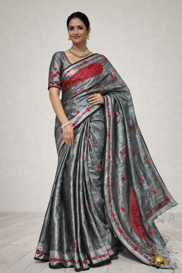 SKU1459 : Tissue Cotton Saree with Parsi Hand Work – Lightweight & Elegant
