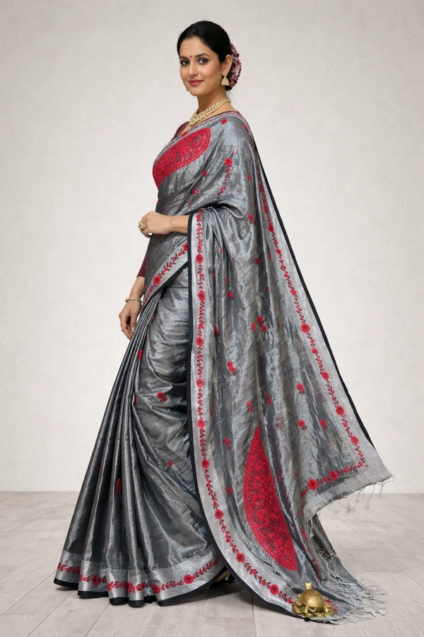 SKU1459 : Tissue Cotton Saree with Parsi Hand Work – Lightweight & Elegant