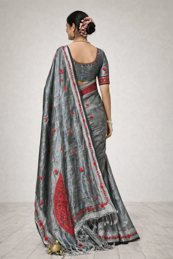 SKU1459 : Tissue Cotton Saree with Parsi Hand Work – Lightweight & Elegant