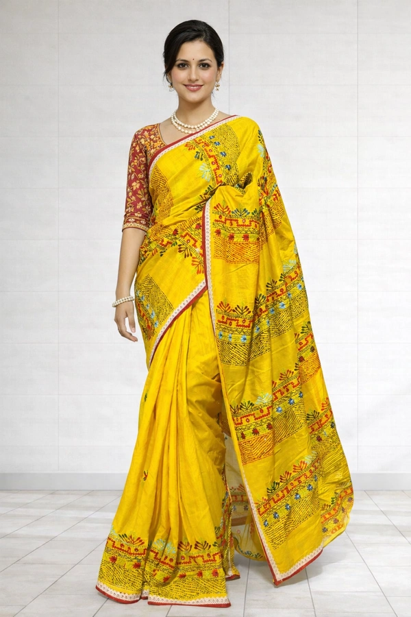 SKU1468 : Four ply Pure Silk with Gujarati & Lambani Work | Handcrafted Ethnic Fabric