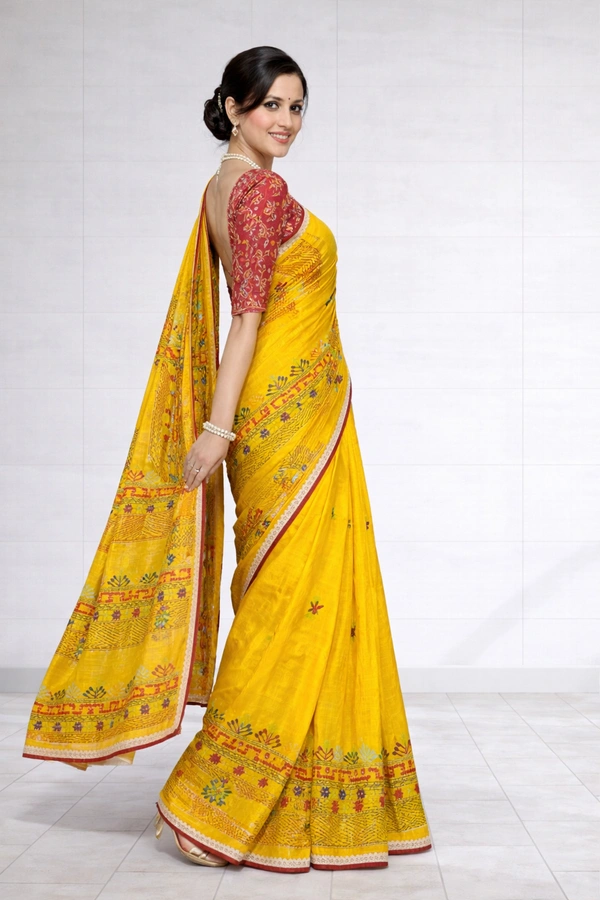 SKU1468 : Four ply Pure Silk with Gujarati & Lambani Work | Handcrafted Ethnic Fabric