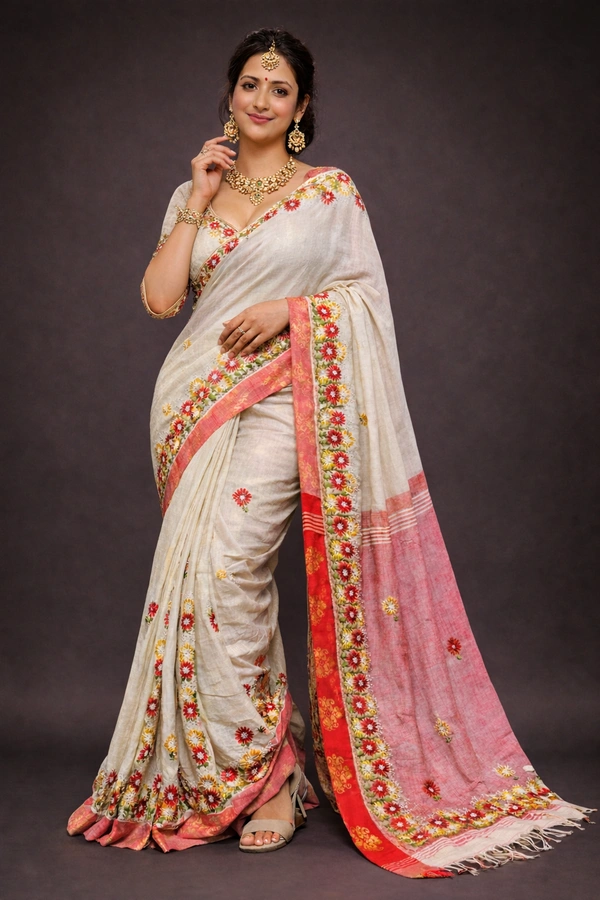 SKU1444 : Cotton Tant Fabric with Kathiawari Hand Stitch Work