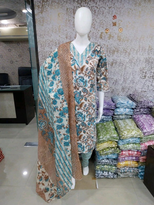 Cotton Kurti Pant Dupatta Set 