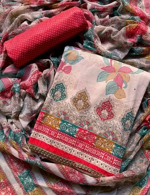Cotton Blend Printed Suit Material With Chiffon Dupatta