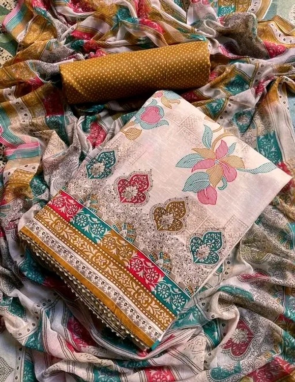 Cotton Blend Printed Suit Material With Chiffon Dupatta