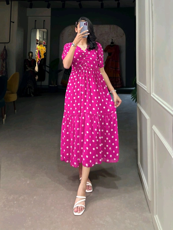 Vintage Polka Dot Print Georgette Long Dress 