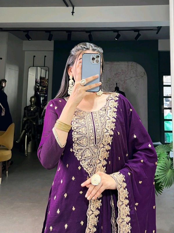 Beautiful Embroidered Purple Kurti Pant Set