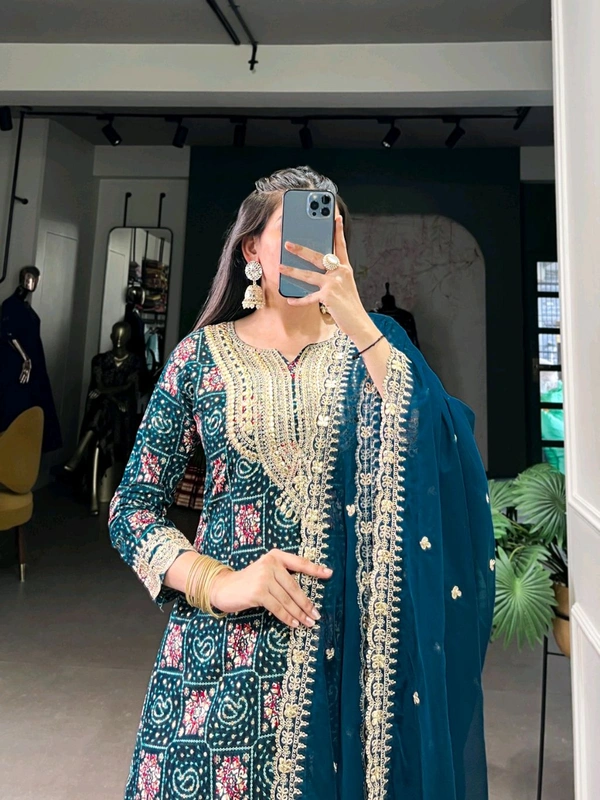 Partywear Teal Blue Heavy Embroidery Suit