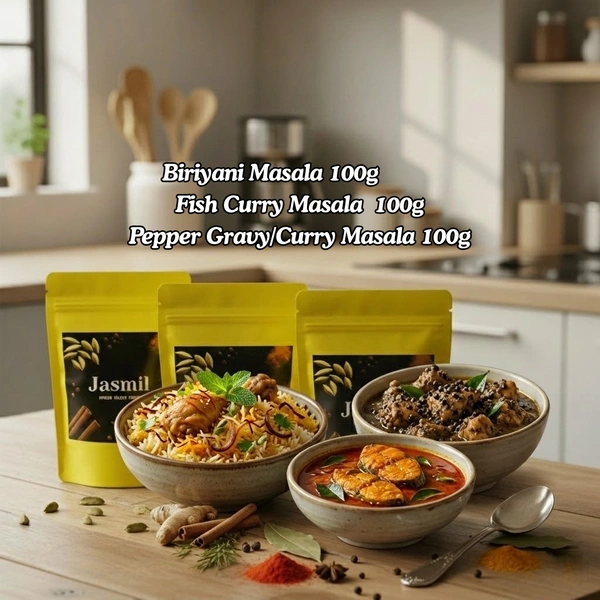 Homemade Masala Combo Pack – Fish Curry Masala, Biriyani Masala & Pepper Gravy Masala