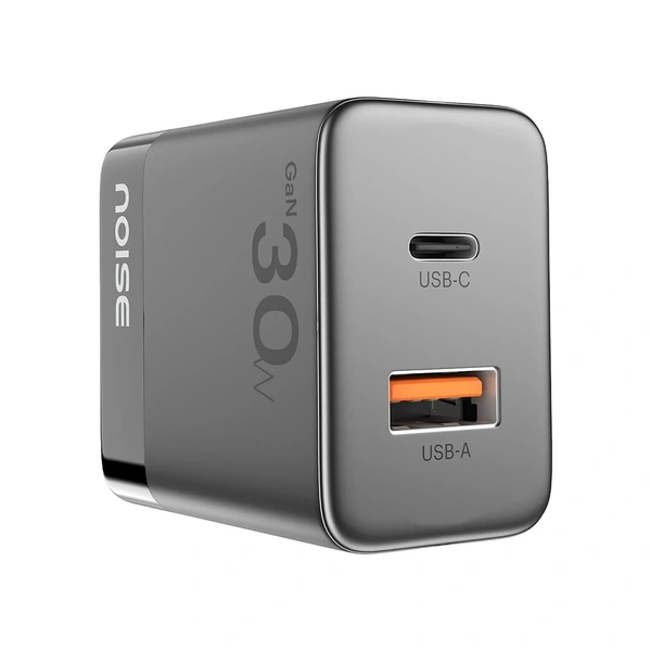 Noise Power Series 30W Gan Charger: 2 Ports (1 USB-C Type, 1 USB-A), iPhone 0-50% In 30Mins, With Globally Compatible, Supports All iPhones, Android Phones, Tablets (Black)