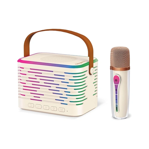 FINGERS KaraokeStar-K4 Portable Speaker with Wireless Mic (12 W Peak Output, RGB Lights on Both Speaker & Mic, 9-Hour Playtime, Bluetooth | FM Radio | MicroSD | AUX, Multi-Point Pairing), Rich White