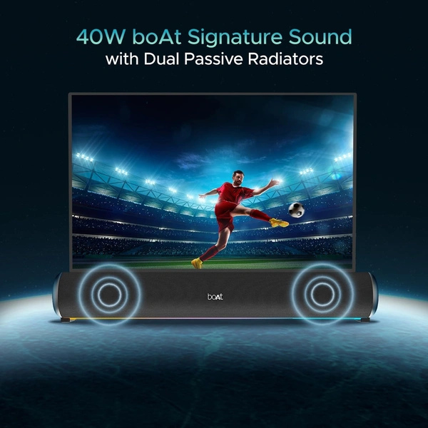 boAt Aavante Bar 950 Bluetooth Soundbar w/ 40W Signature Sound,RGB,Dual Passive Radiators, Up to 7 hrs Playback, Free Music Streaming on JioSaavn, Bluetooth Sound Bar, Soundbar Speaker (Premium Black)