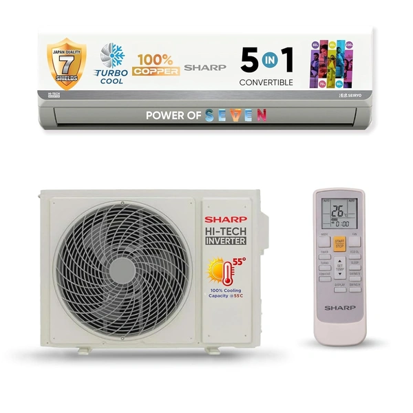 SHARP 1.5 Ton 3 Star 5-in-1 Convertible, Turbo Cool Technology, Anti-Corrosive Gold Fin Coating, Inverter Split AC, AH-SI18V3B-GC