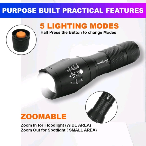 LUMINOX GEAR Metal Led Torch Flashlight Xml T6 Water Resistance 5 Modes Adjustable Focus Rechargeable!